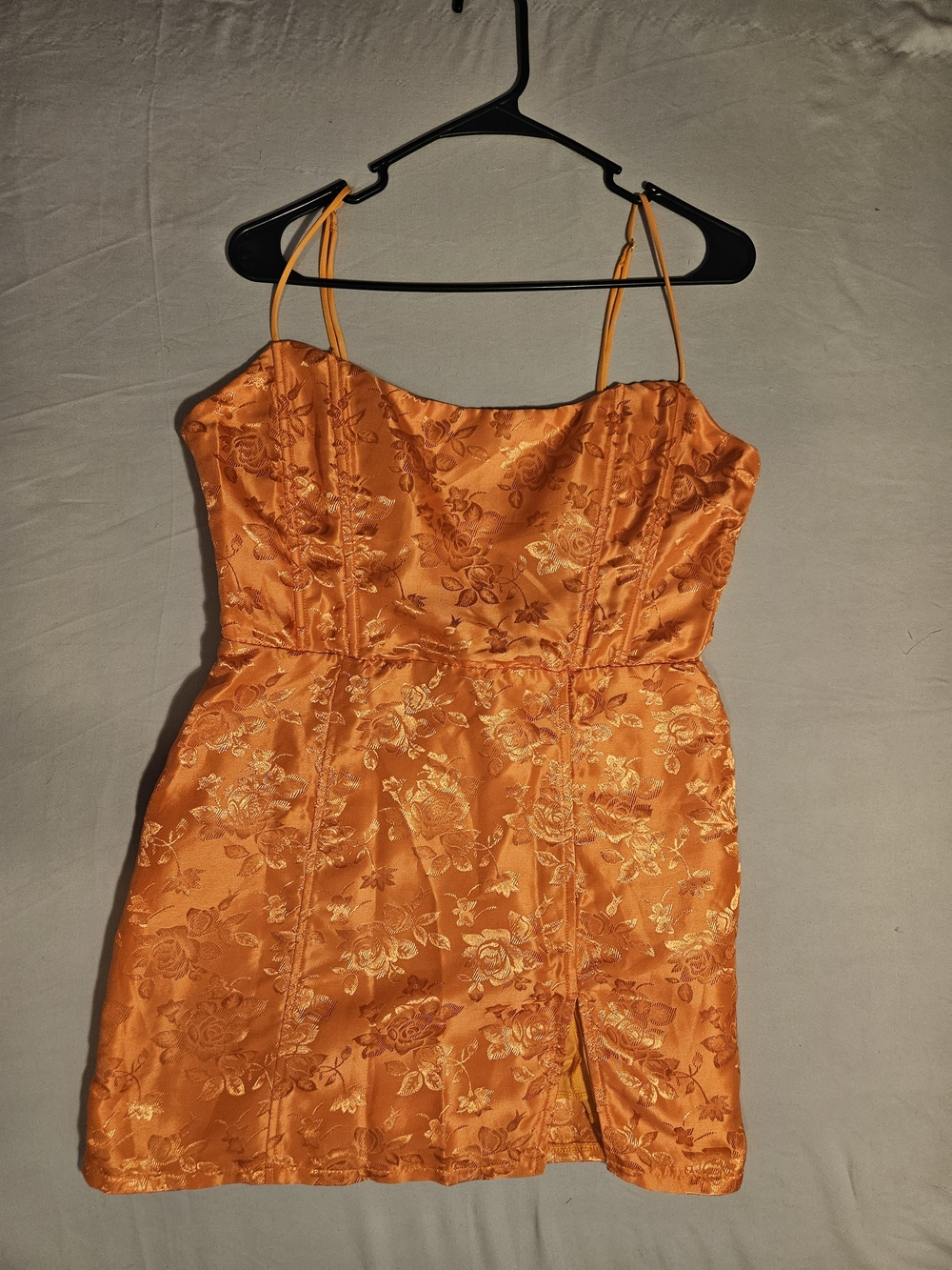 Lucy in the Sky Orange Floral Satin Mini Dress with Spaghetti Straps